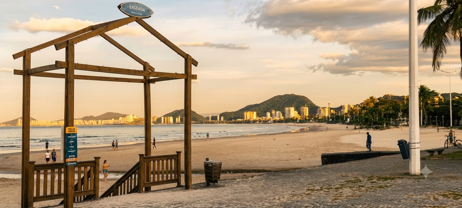 Pórtico de madeira da Praia da Enseada ao entardecer, Guarujá