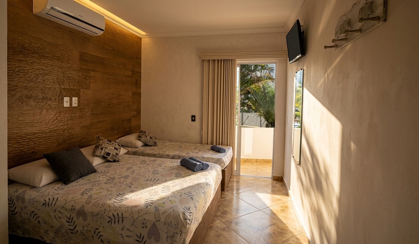 Quarto Triplo Superior com varanda no Hotel Pousada Iracemar, Praia da Enseada, Guarujá