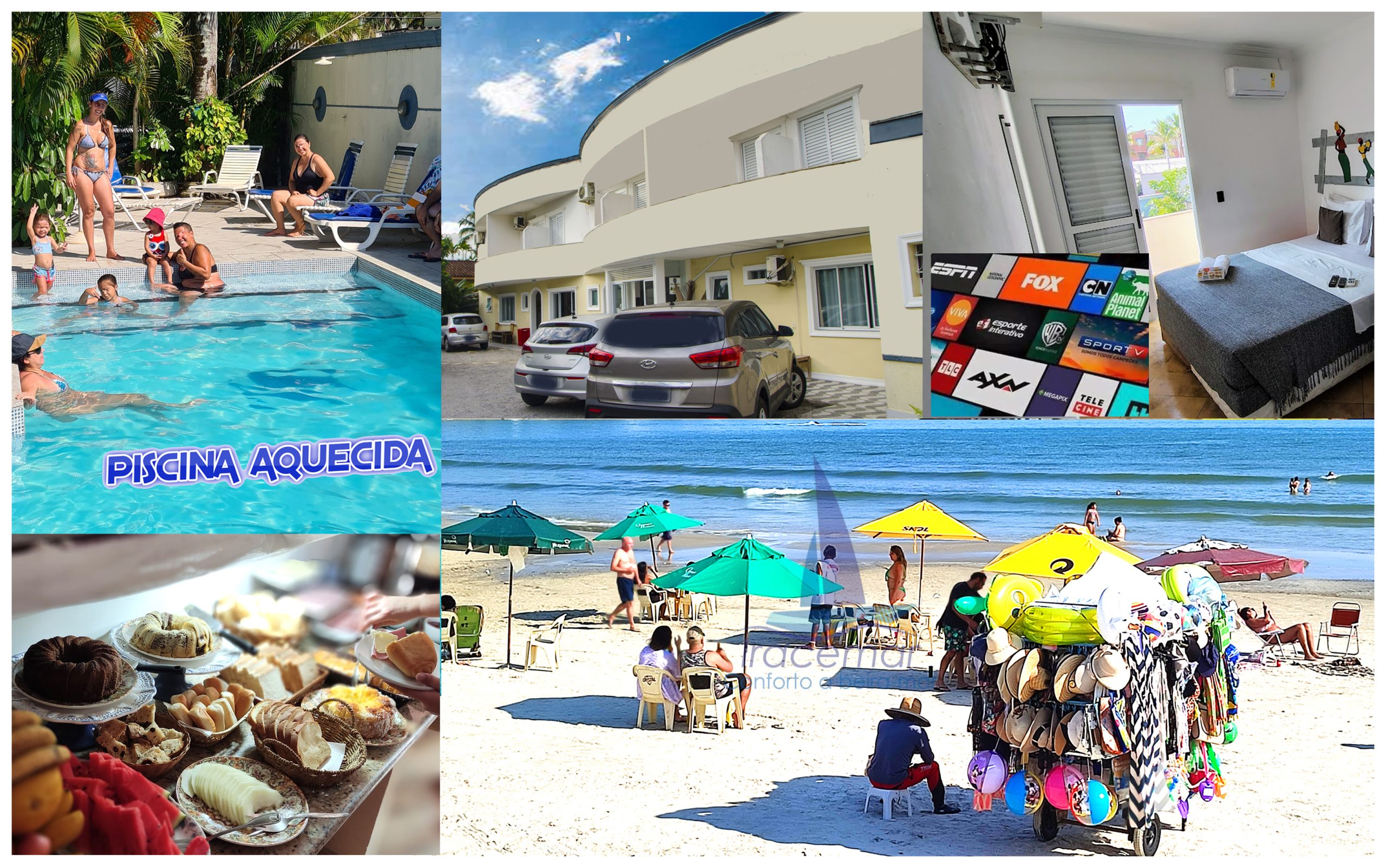 Servi&ccedil;os do Hotel: Imagem que mostra o caf&eacute; da manh&atilde;, parte da praia da Enseada com turistas e carrinho de venda de artigos de praia, da piscina aquecida, da fachada interna e de um dos quartos.