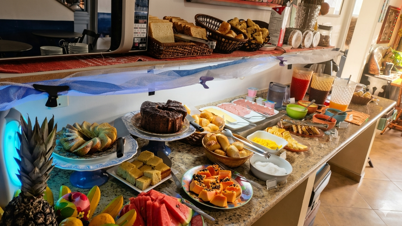 Buffet de café da manhã montado sobre balcão de granito, com bolos (inclusive bolo de chocolate), fatias de pão e pães variados em cestos, frutas frescas como melancia, mamão e abacaxi, sucos em jarras, frios (queijo e presunto), ovos mexidos, sanduíches, manteiga e acompanhamentos, além de micro-ondas e utensílios ao fundo em ambiente iluminado e organizado.