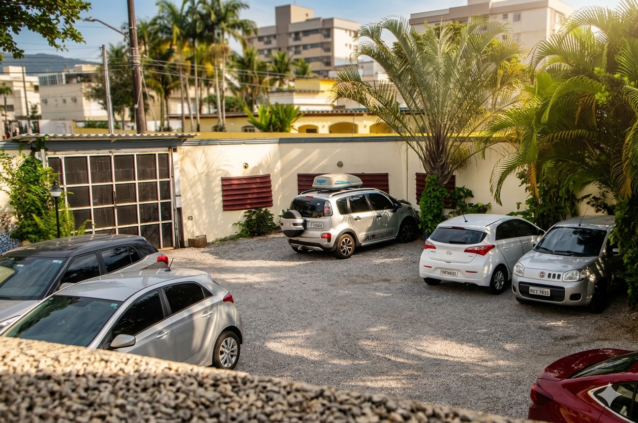Estacionamento externo com piso de brita, cercado por muros e vegetação tropical, com várias vagas ocupadas por carros, palmeiras ao redor e casas residenciais ao fundo em área ensolarada.