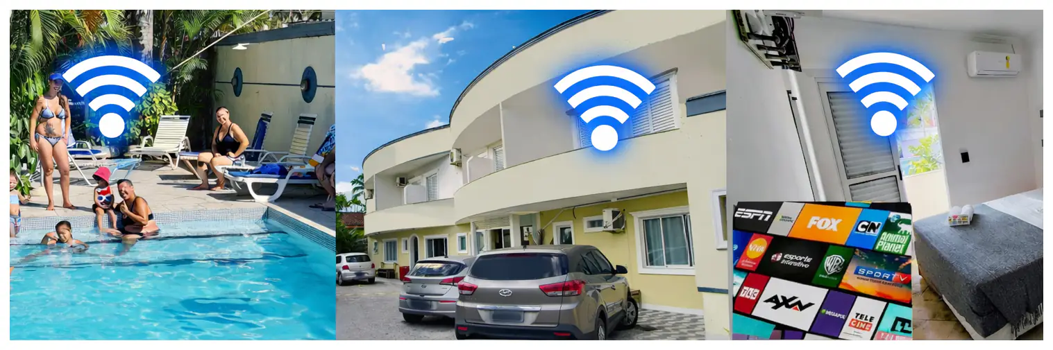 Composi&ccedil;&atilde;o visual demonstrando os servi&ccedil;os tecnol&oacute;gicos do Hotel Iracemar, destacando o sinal de internet sem fio na piscina, &aacute;reas comuns e dormit&oacute;rios equipados com TV.