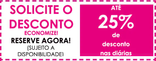 Banner promocional em tons de rosa com a mensagem &ldquo;Solicite o desconto, economize! Reserve agora! (Sujeito a disponibilidade)&rdquo; e destaque para &ldquo;At&eacute; 25% de desconto nas di&aacute;rias&rdquo;.