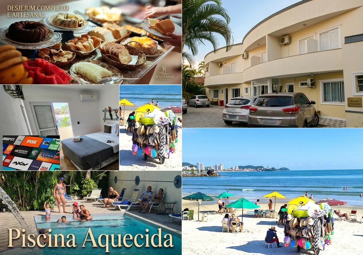 Serviços do Hotel: Imagem que mostra o café da manhã, parte da praia da Enseada com turistas e carrinho de venda de artigos de praia, da piscina aquecida, da fachada interna e de um dos quartos.